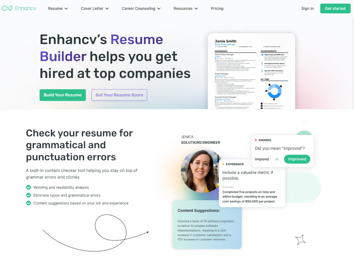 एन्हांसीवी (Enhancv Resume builder) free online AI Resume and CV maker tool